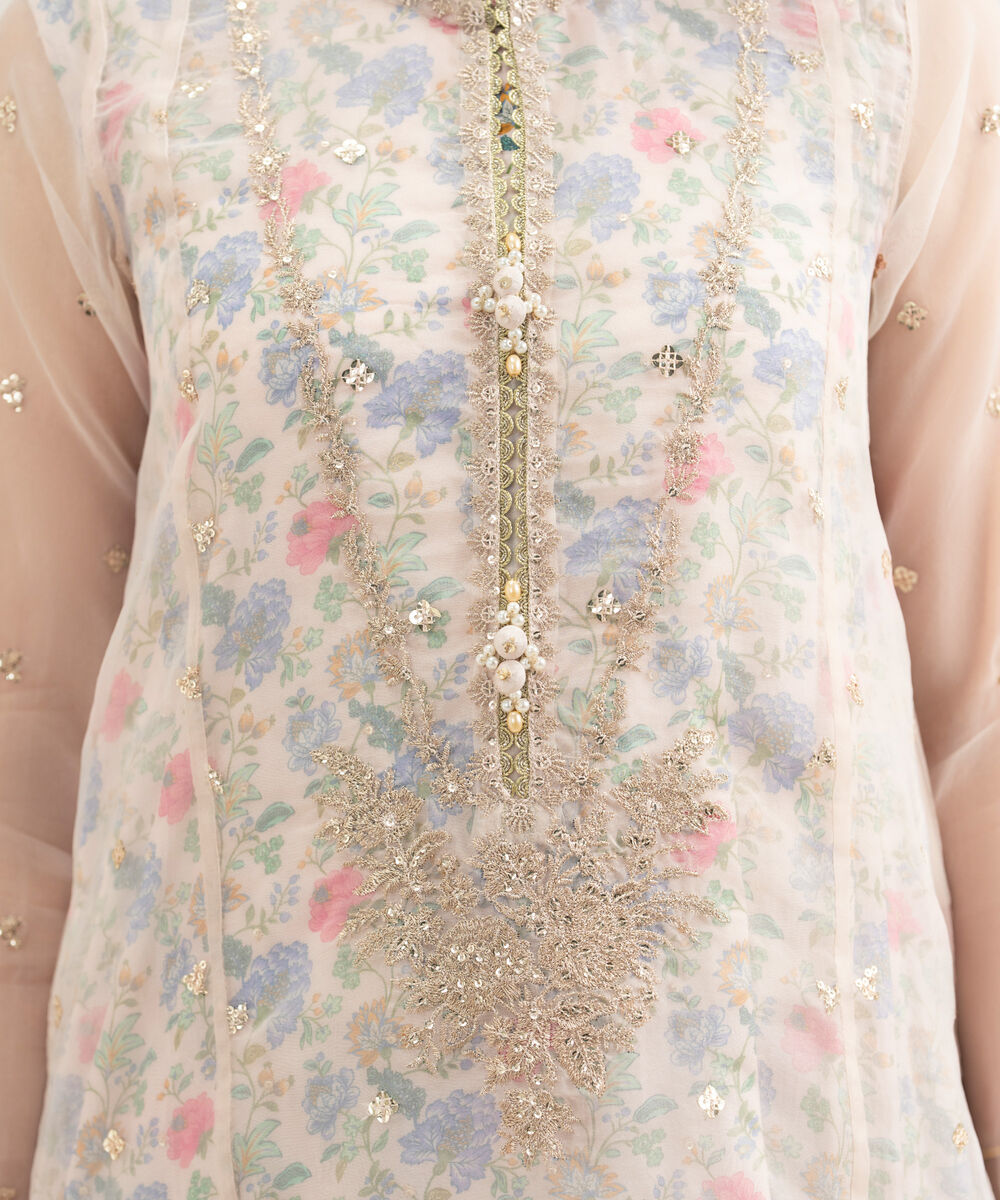 Women's RTW Blended Organza Embroidered Pink 3 Piece Suit