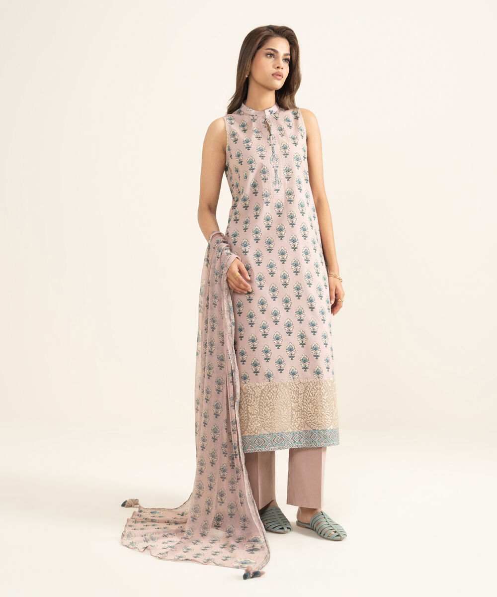 Women's Unstitched Lawn Embroidered Pink 3 Piece Suit