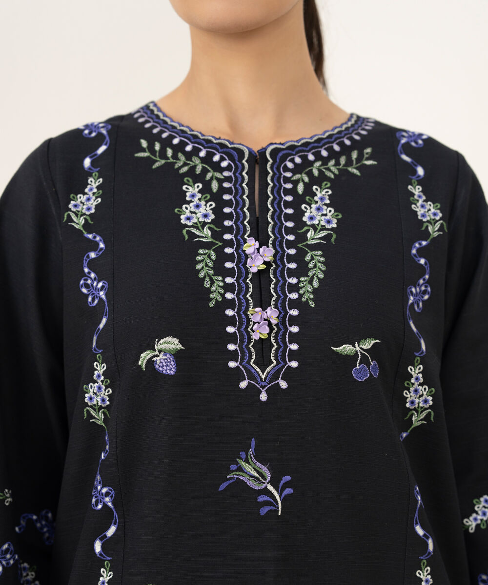 Women's Unstitched Embroidered Khaddar Black 3 Piece Suit