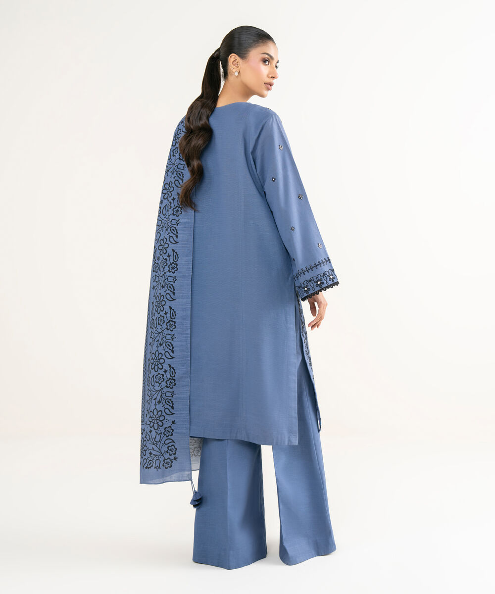 Women's Unstitched Light Khaddar Embroidered Blue 3 Piece Suit