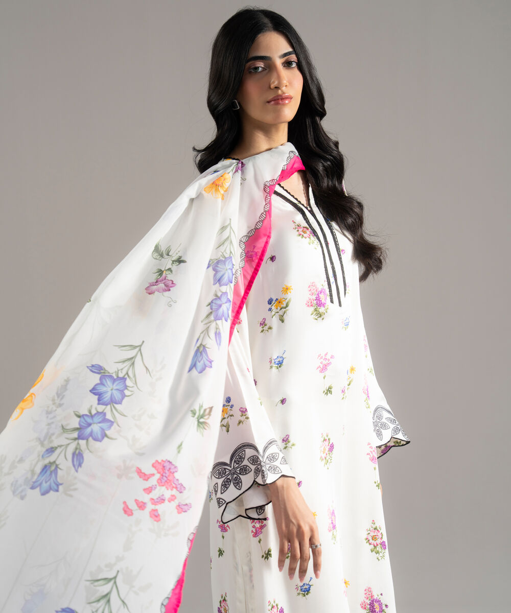 Women's RTW White Featheer Chamoz Printed White 3 Piece Suit