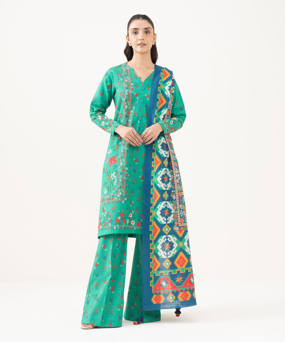 Women's Unstitched Printed Light Khaddar Green 3 Piece Suit