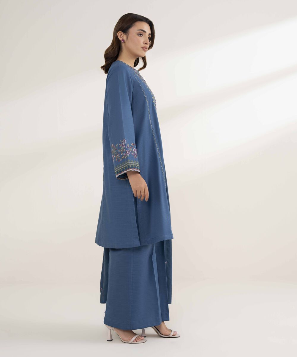 Women's Unstitched Embroidered Khaddar Teal Blue 3 Piece Suit