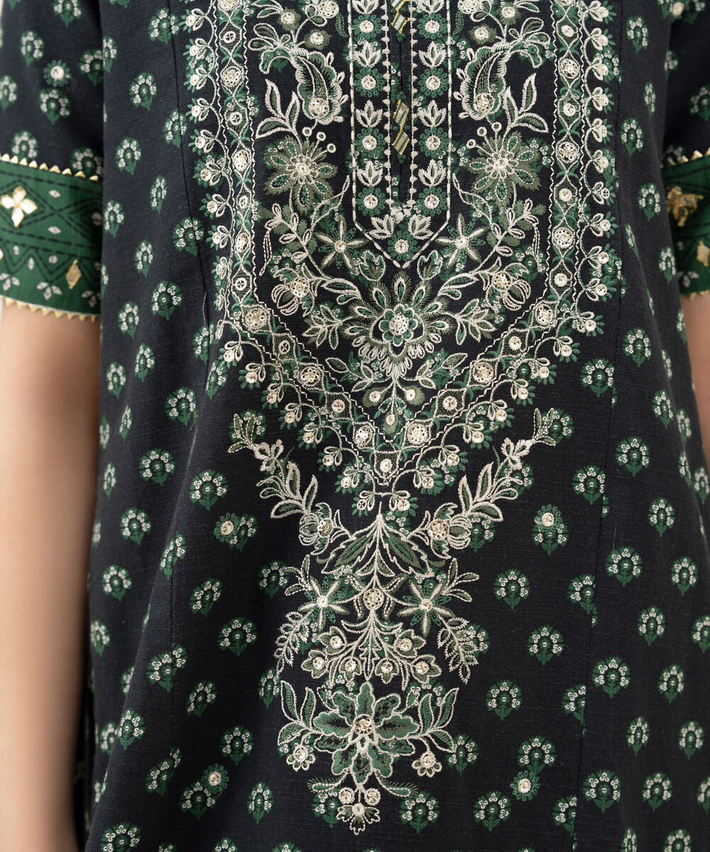 Women's Unstitched Embroidered Khaddar Black and Green 3 Piece Suit