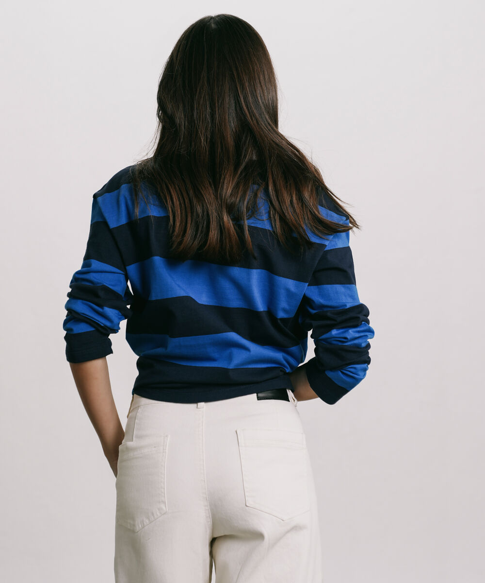 Women's Western Wear Blue Striped Rugby Polo Shirt