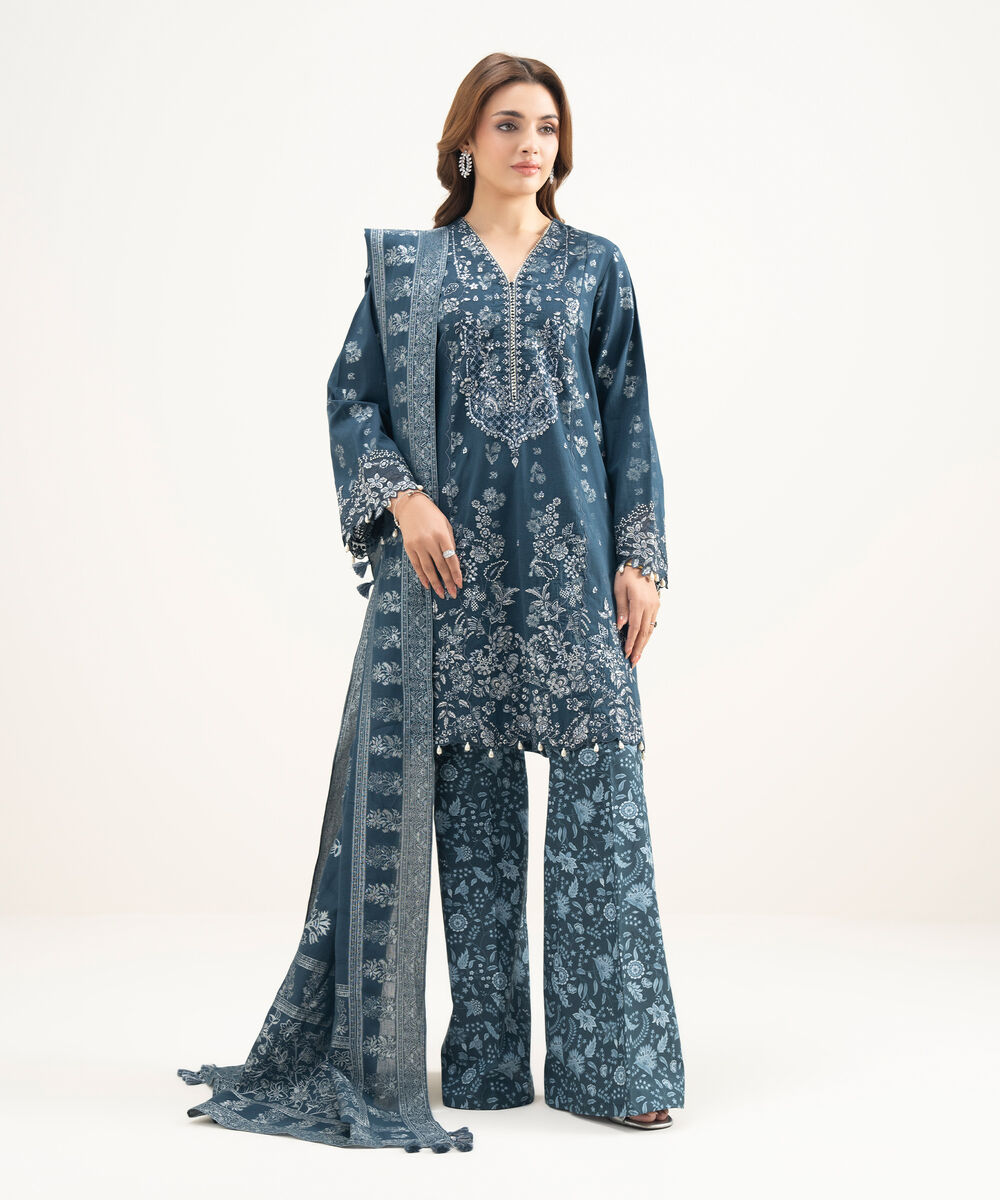Women's Unstitched Extra Weft Jacquard Embroidered Blue 3 Piece Suit