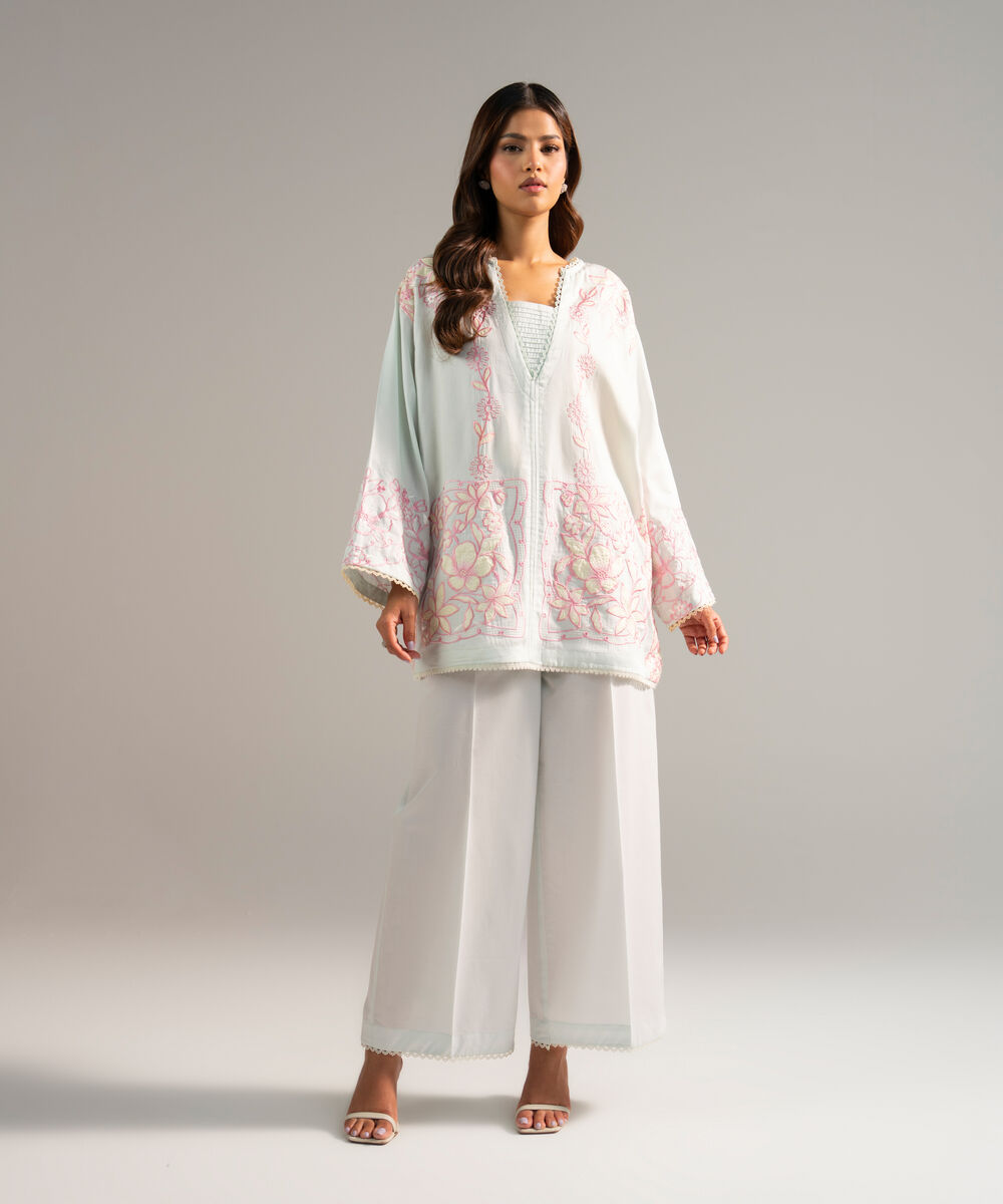 Women's RTW Cotton Satin Embroidered Blue 2 Piece Suit