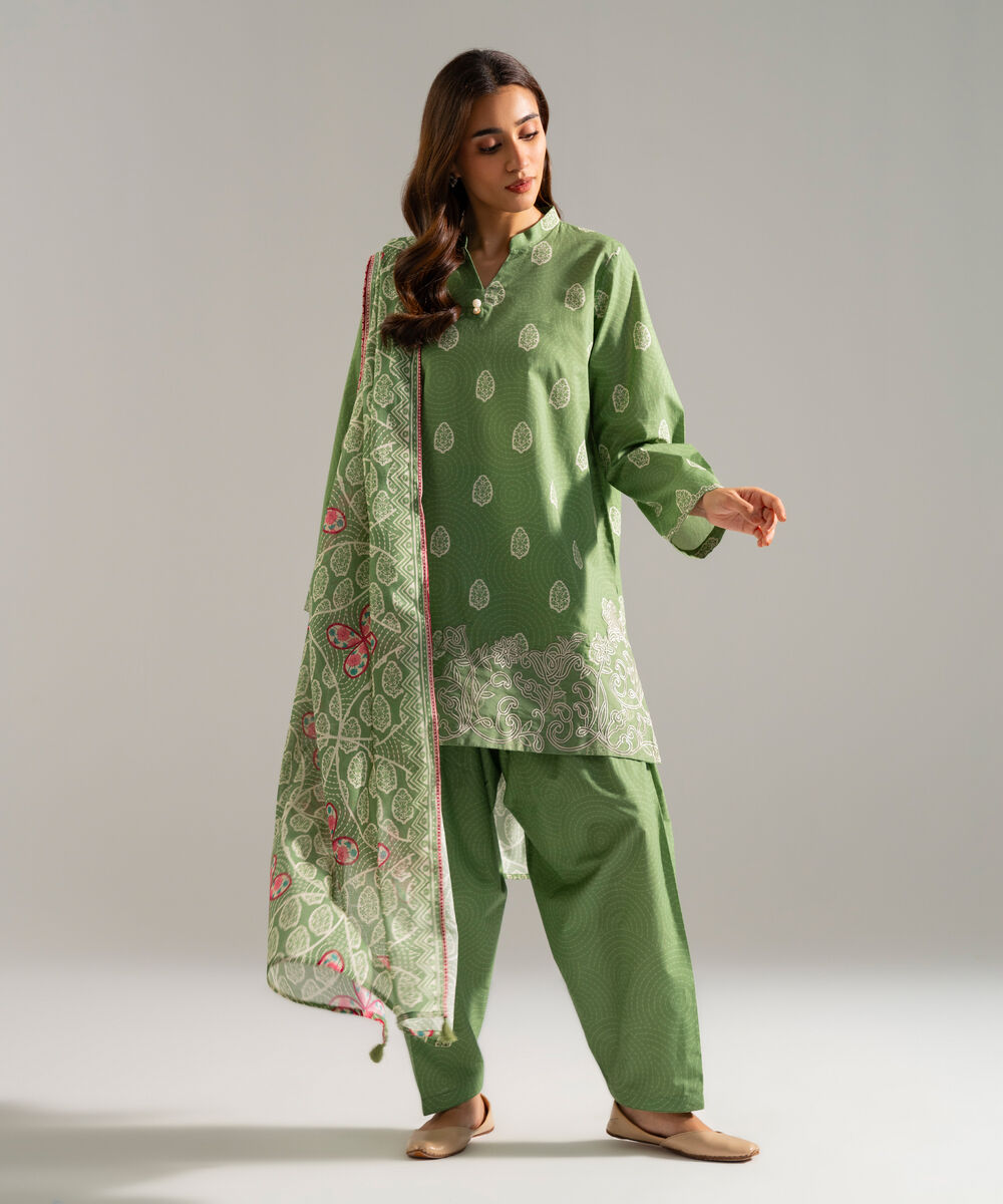 Women's RTW Cambric Embroidered Green 3 Piece Suit