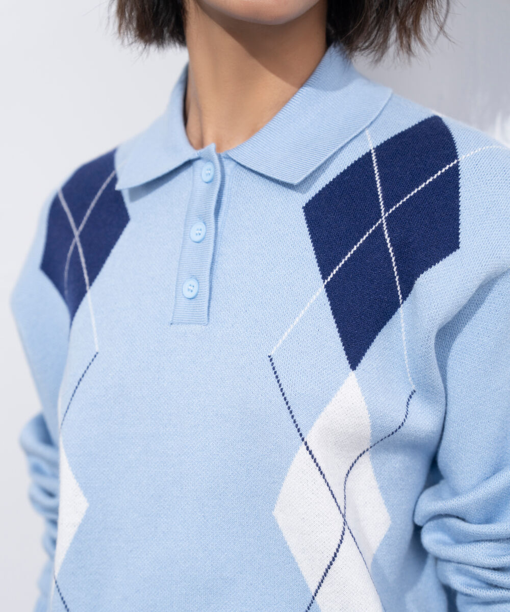 Women's Western Wear Light Blue Polo Sweater