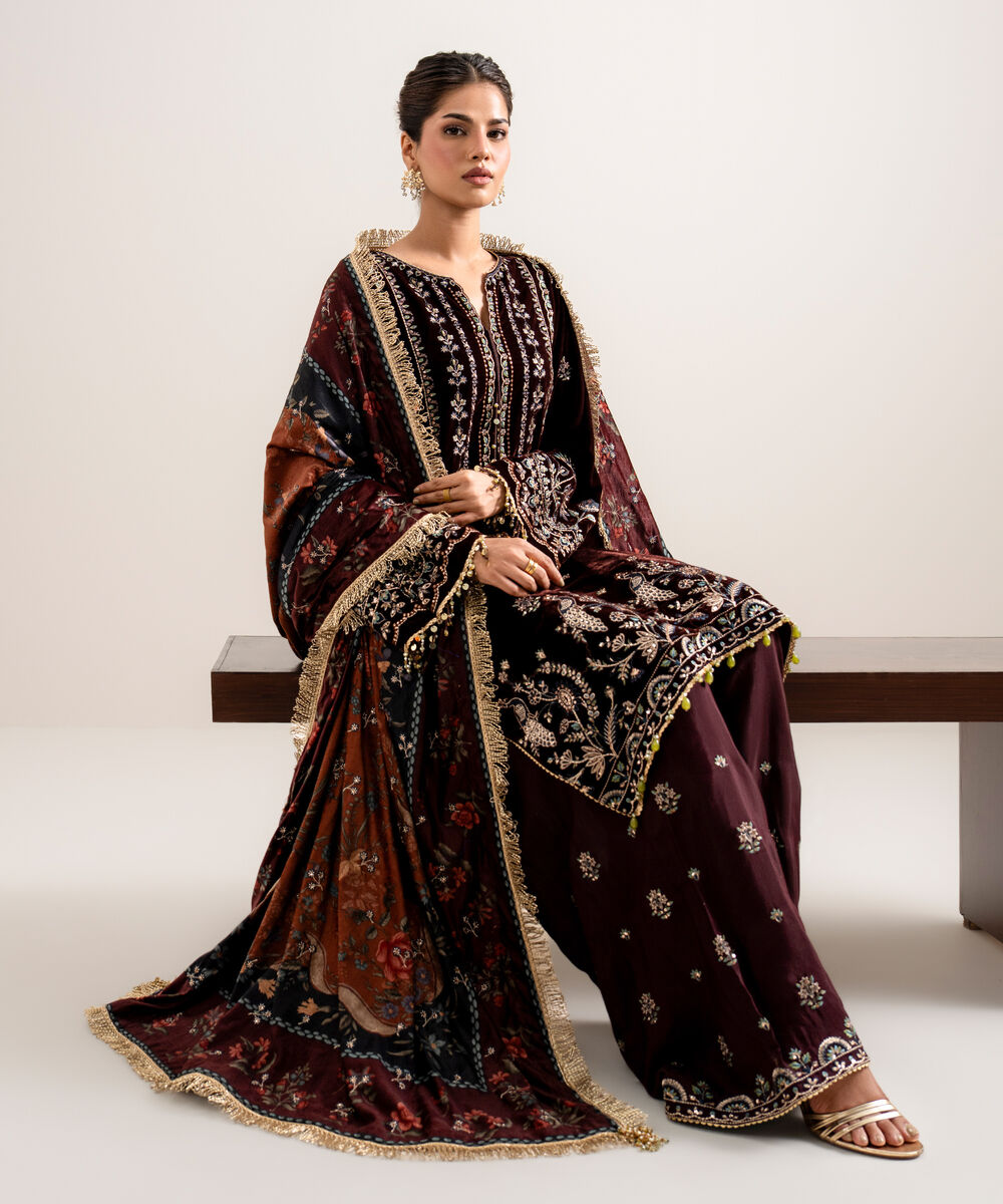 Women's Unstitched Embroidered Velvet Red 3 Piece Suit