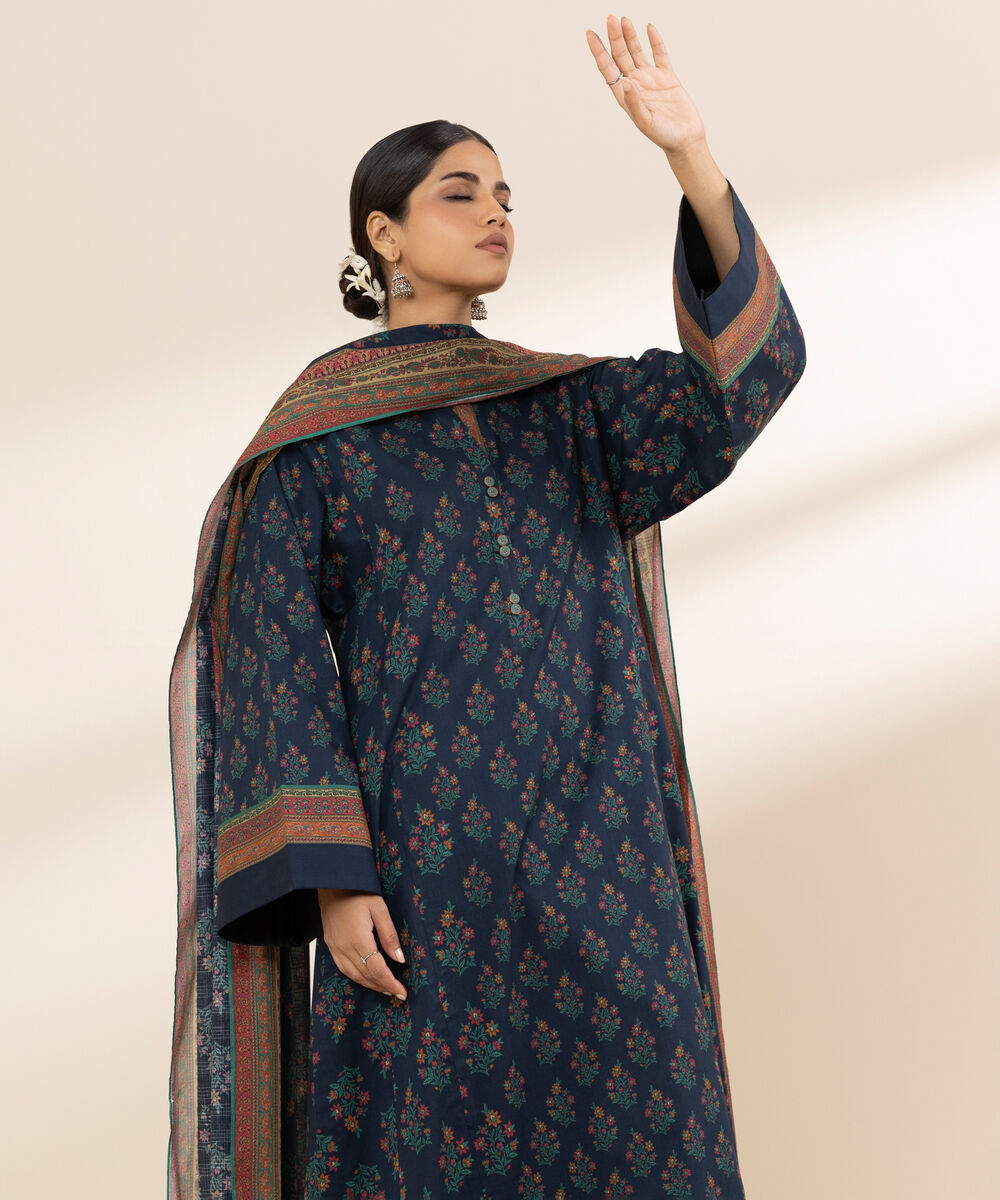 Women's Unstitched Lawn Printed Blue 3 Piece Suit