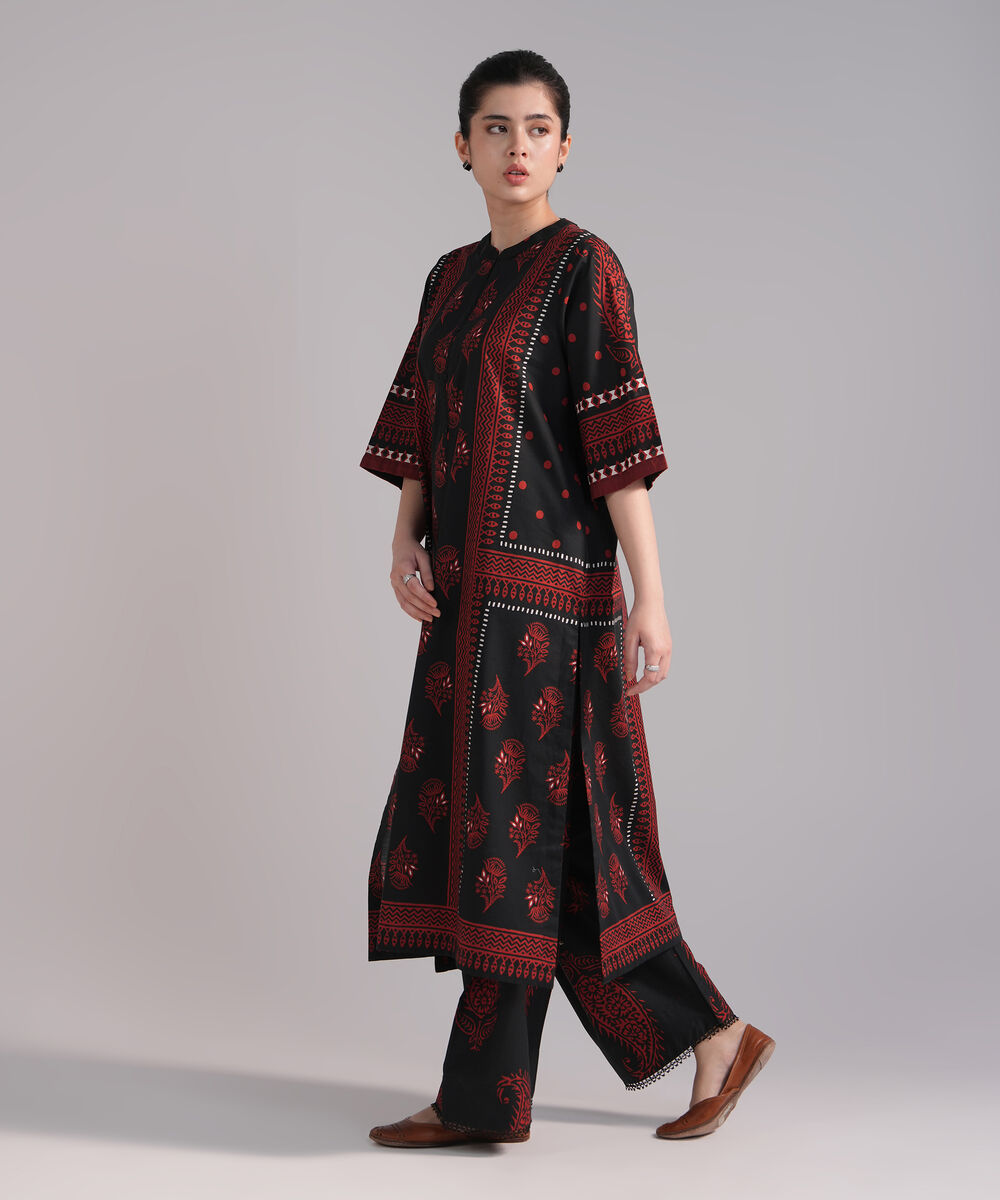 Women's RTW Slub Lawn Printed Black A-Line Shirt