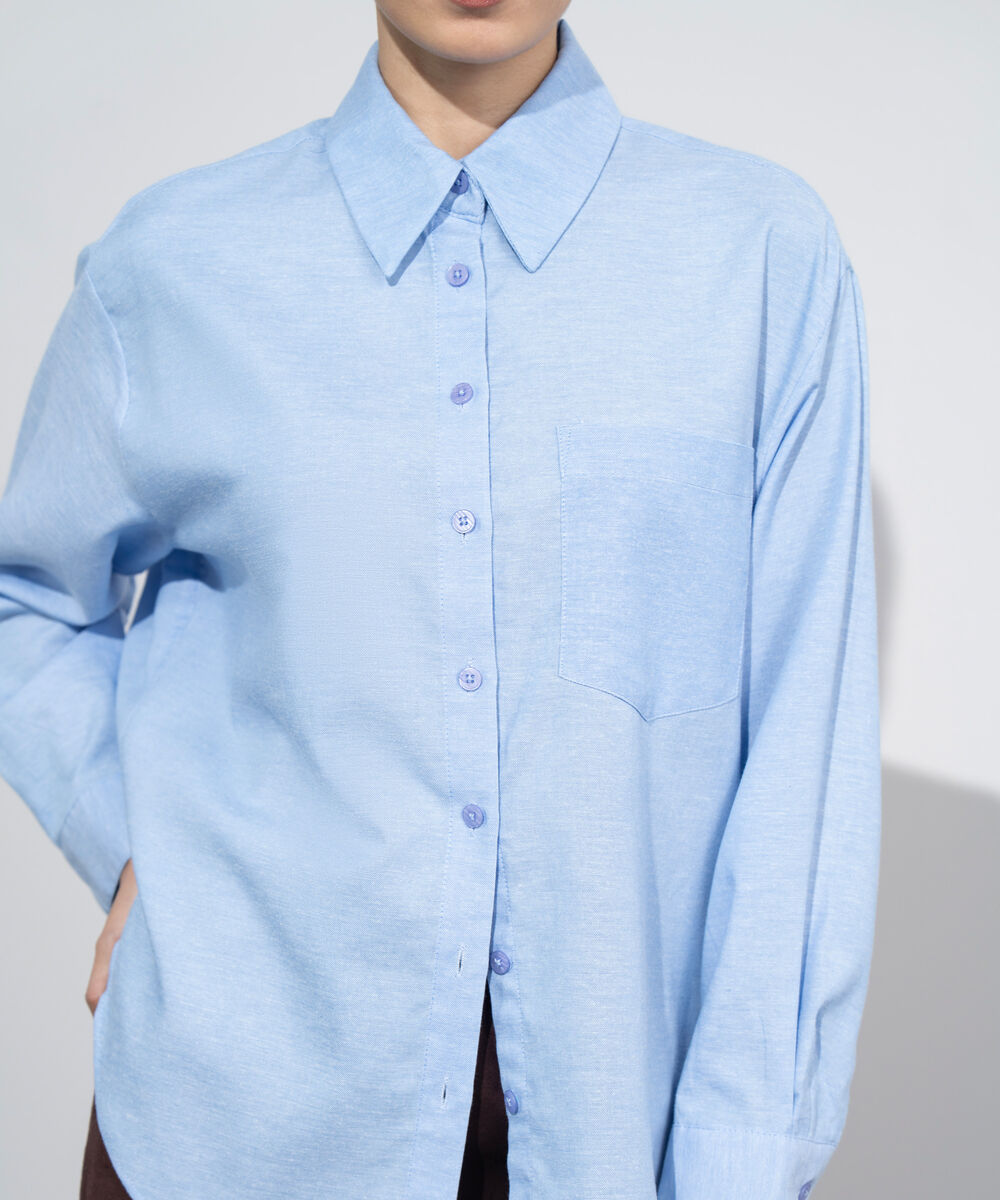 Women's Western Wear Blue Loose-Fit Oxford Shirt