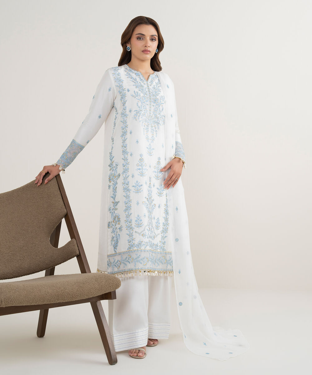 Women's Unstitched Raw Silk Embroidered White  3 Piece Suit