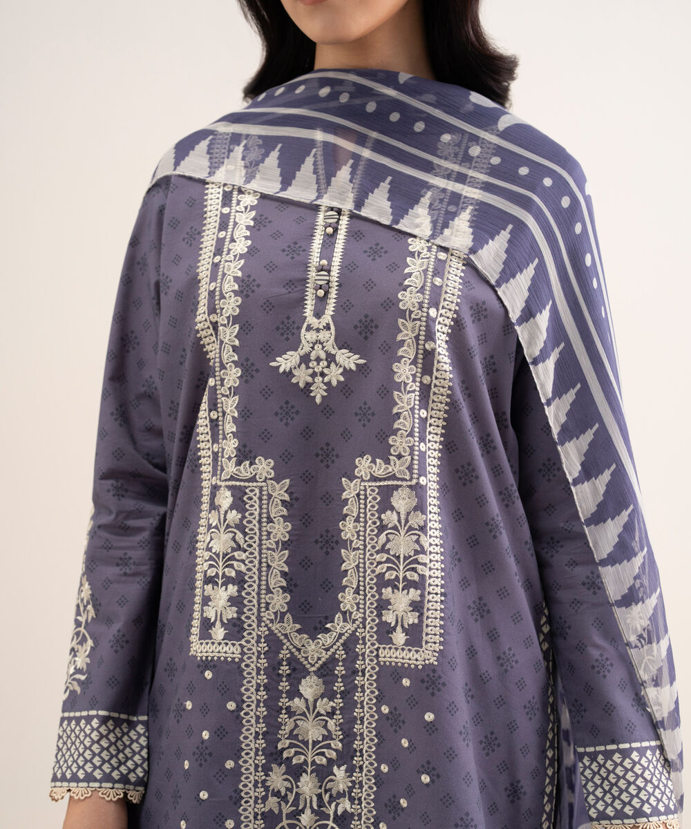 Women's Unstitched Lawn Embroidered Purple 3 Piece Suit