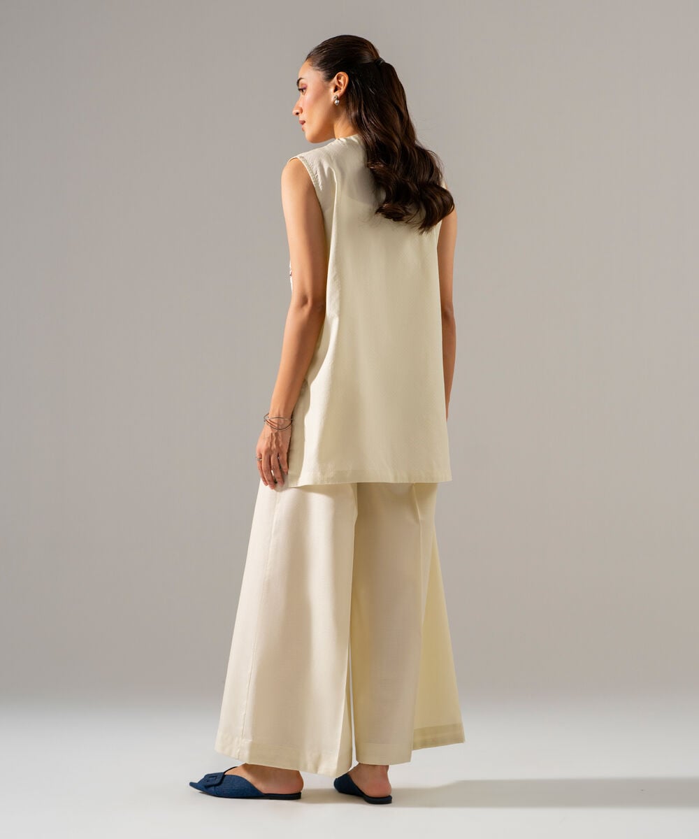 Women's RTW Dobby Solid Embroidered Off White 2 Piece Suit
