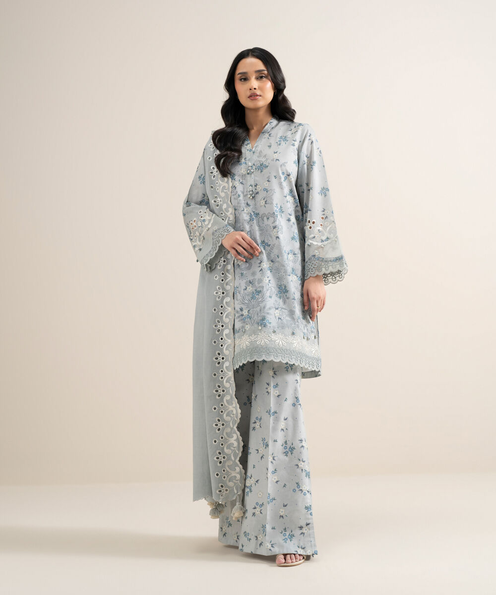 Women's Unstitched Lawn Embroidered Grey 3 Piece Suit