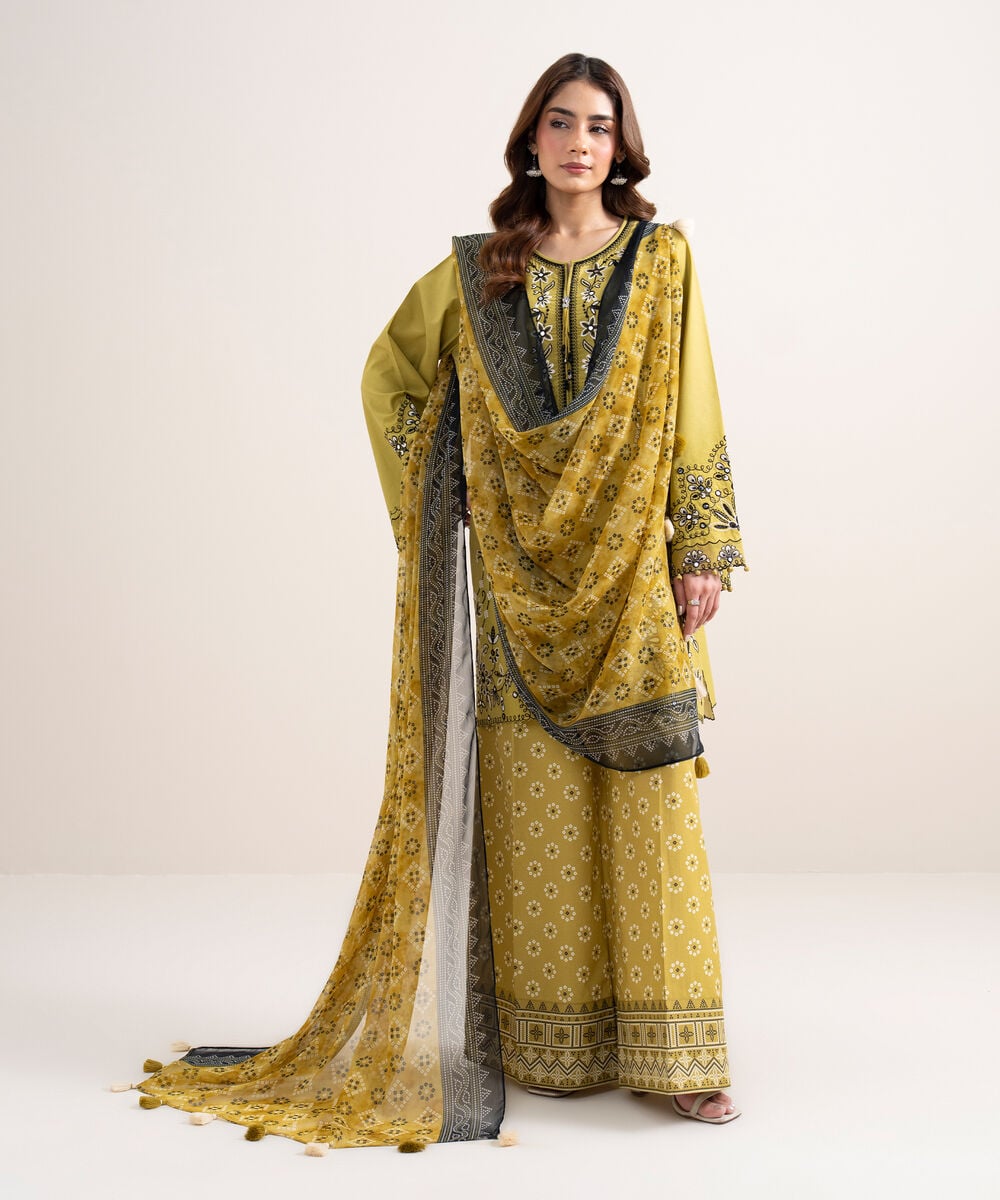 Women's Unstitched Lawn Embroidered Yellow 3 Piece Suit