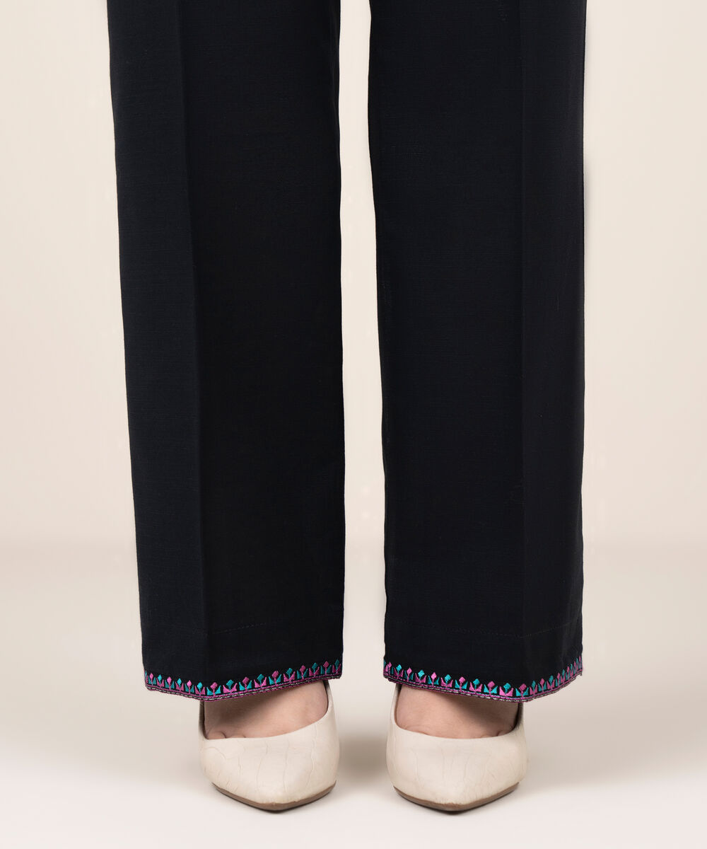 Women's RTW Light Khaddar Embroidered Black Straight Pants