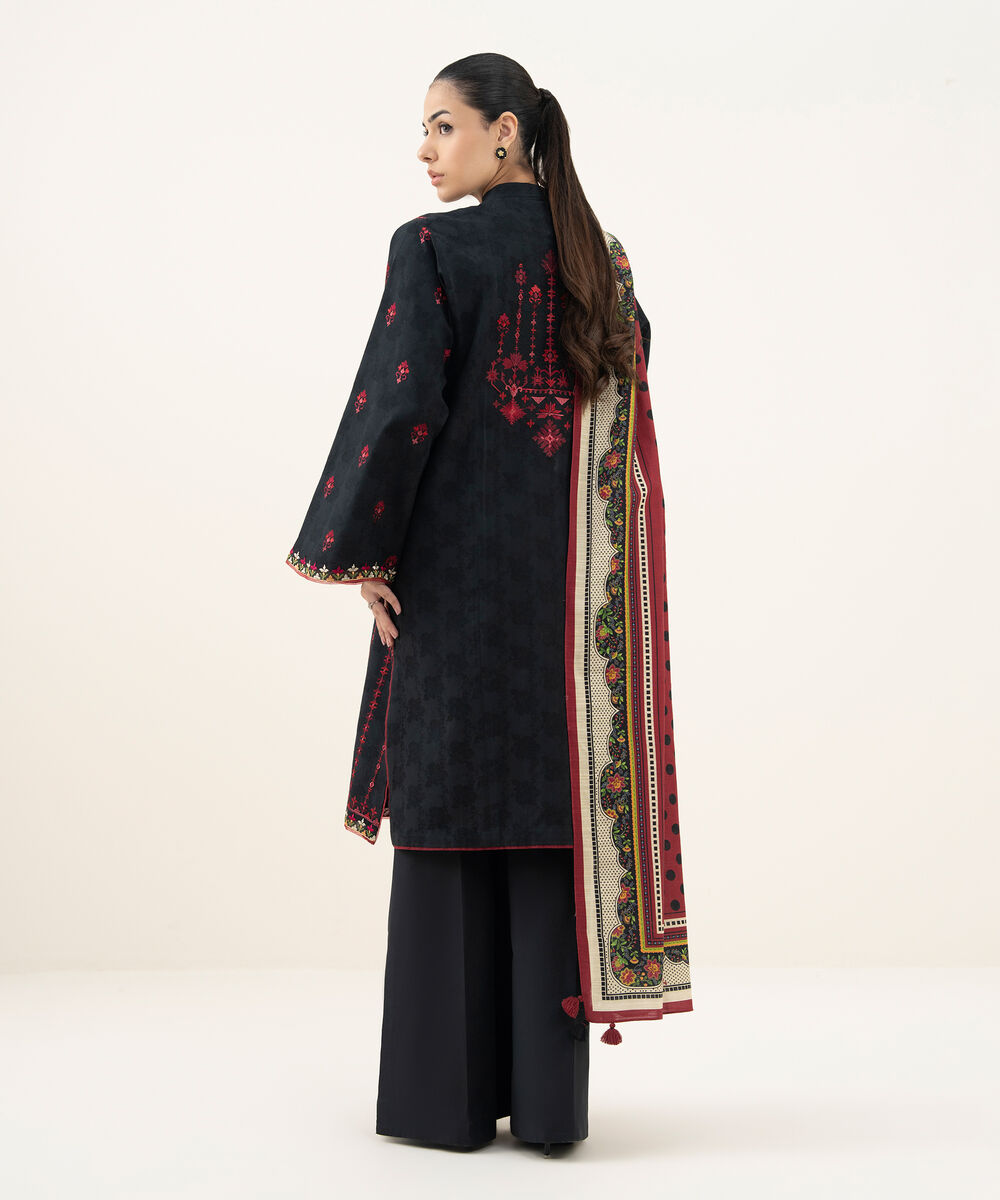 Women's Unstitched Embroidered Cotton Jacquard Black 3 Piece Suit