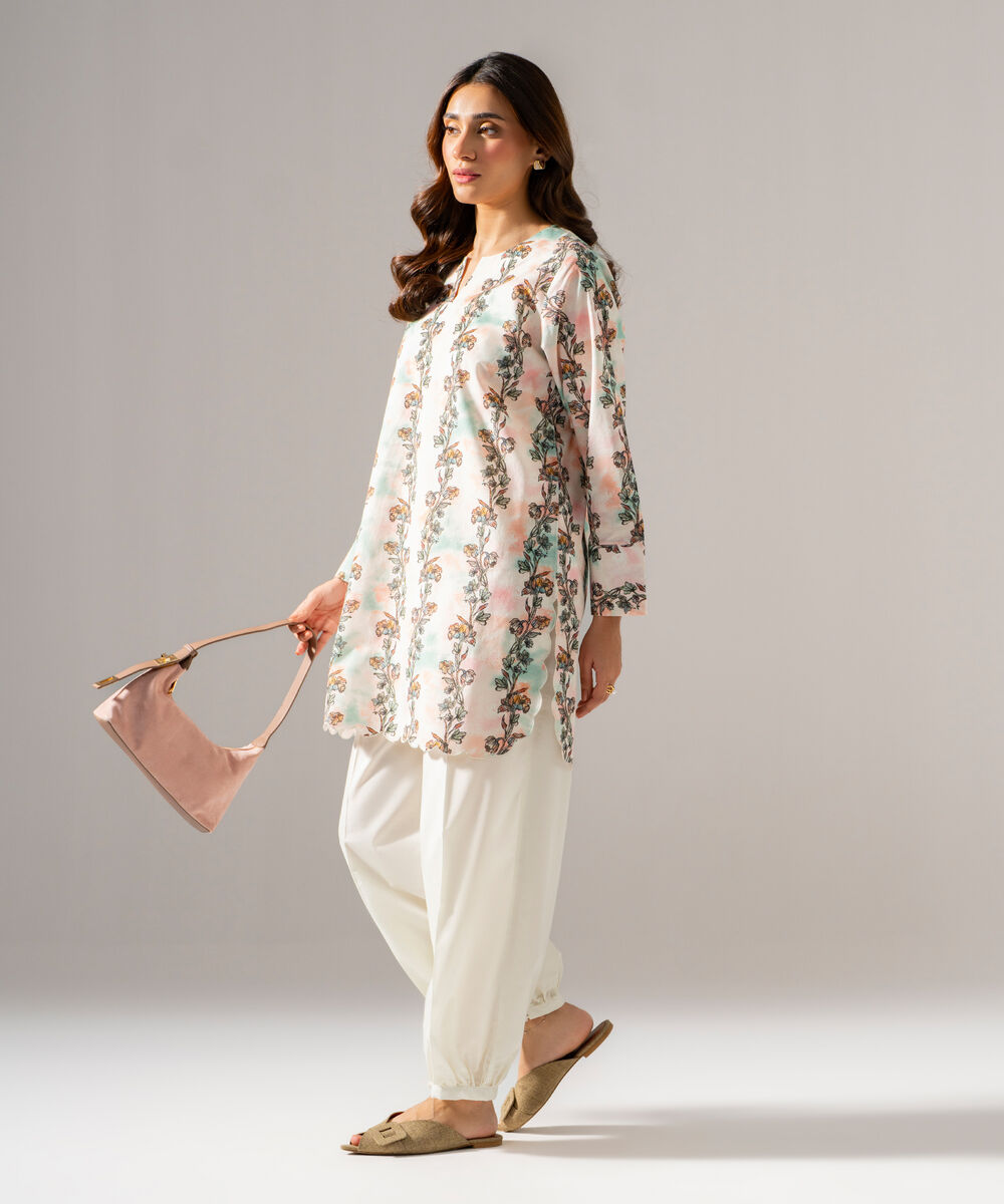 Women's RTW Cambric Printed Off White Straight Shirt