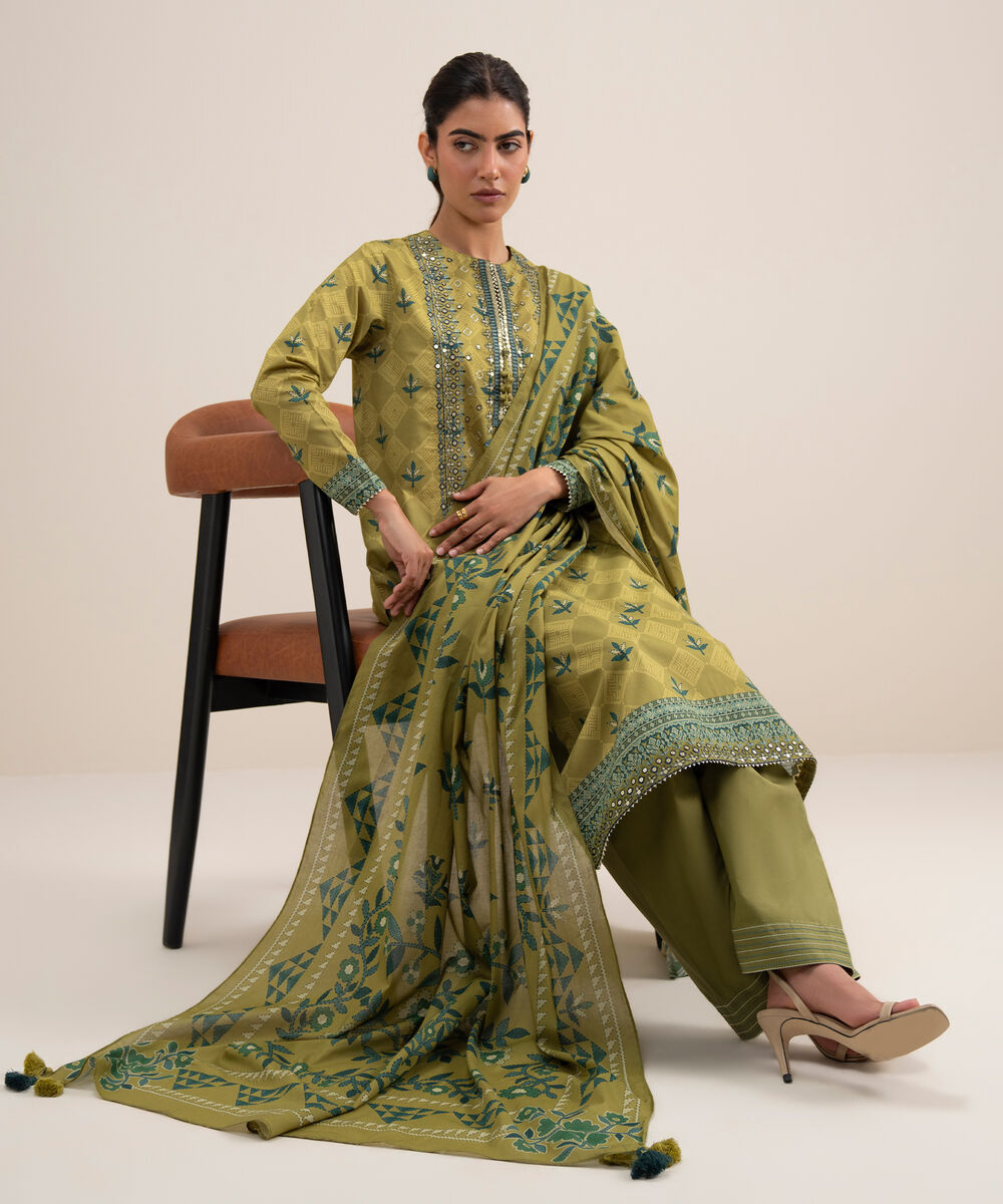 Women's Unstitched Lawn Embroidered Beige 3 Piece Suit