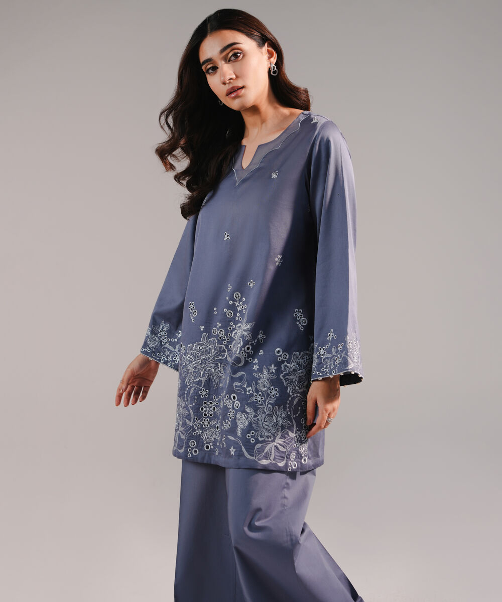 Women's RTW Cotton Satin Embroidered Steel Grey Straight Shirt