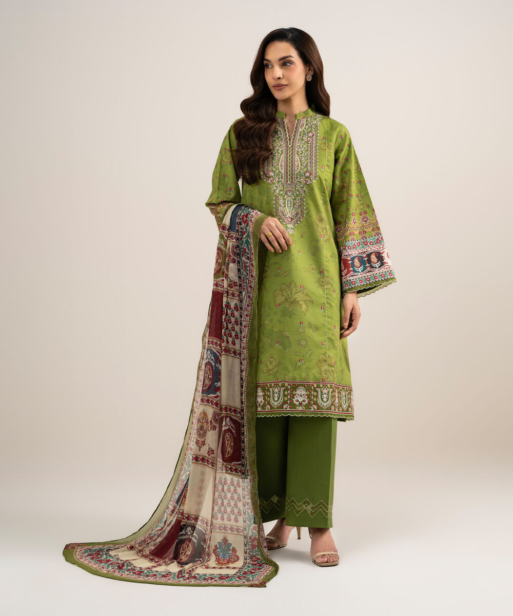 Women's Unstitched Lawn Embroidered Green