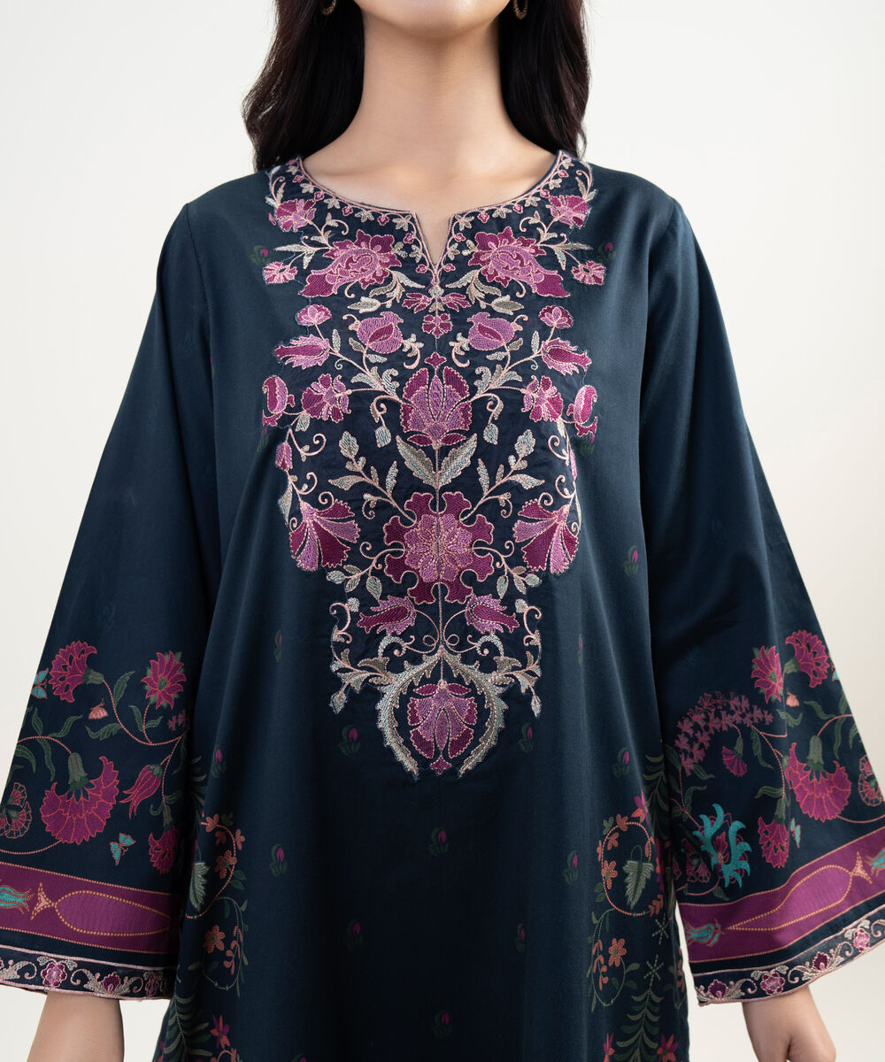 Women's RTW Cotton Satin Embroidered Black A-Line Shirt