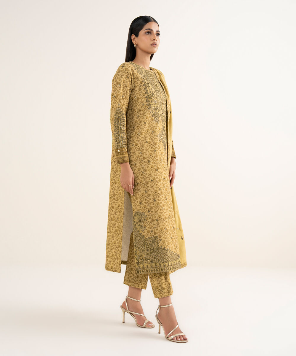 Women's Unstitched Textured Cotton Embroidered Yellow 3 Piece Suit