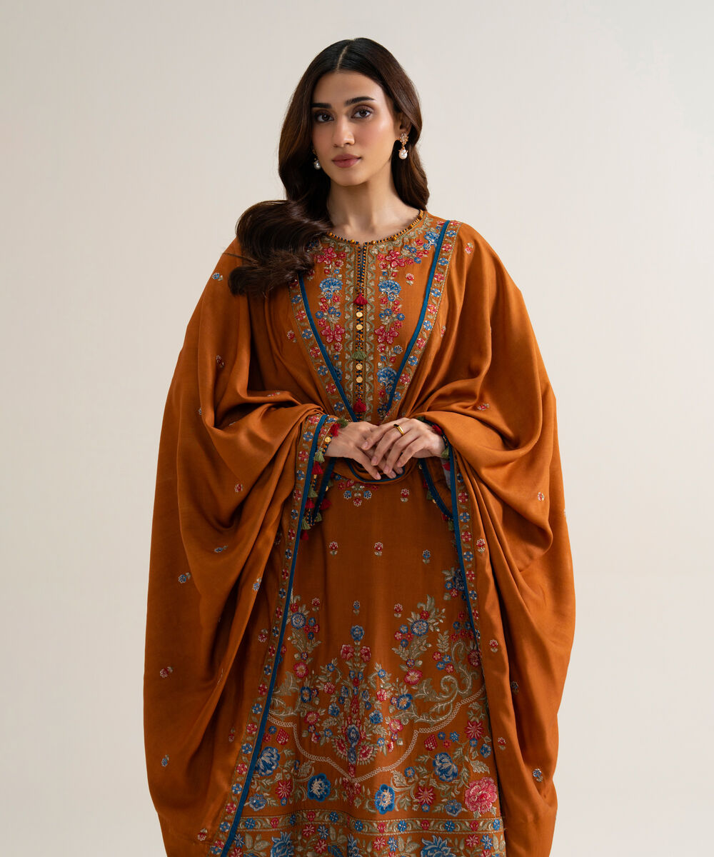 Womens Unstitched Cotton Twill Embroidered Burnt Orange 3 Piece Suit