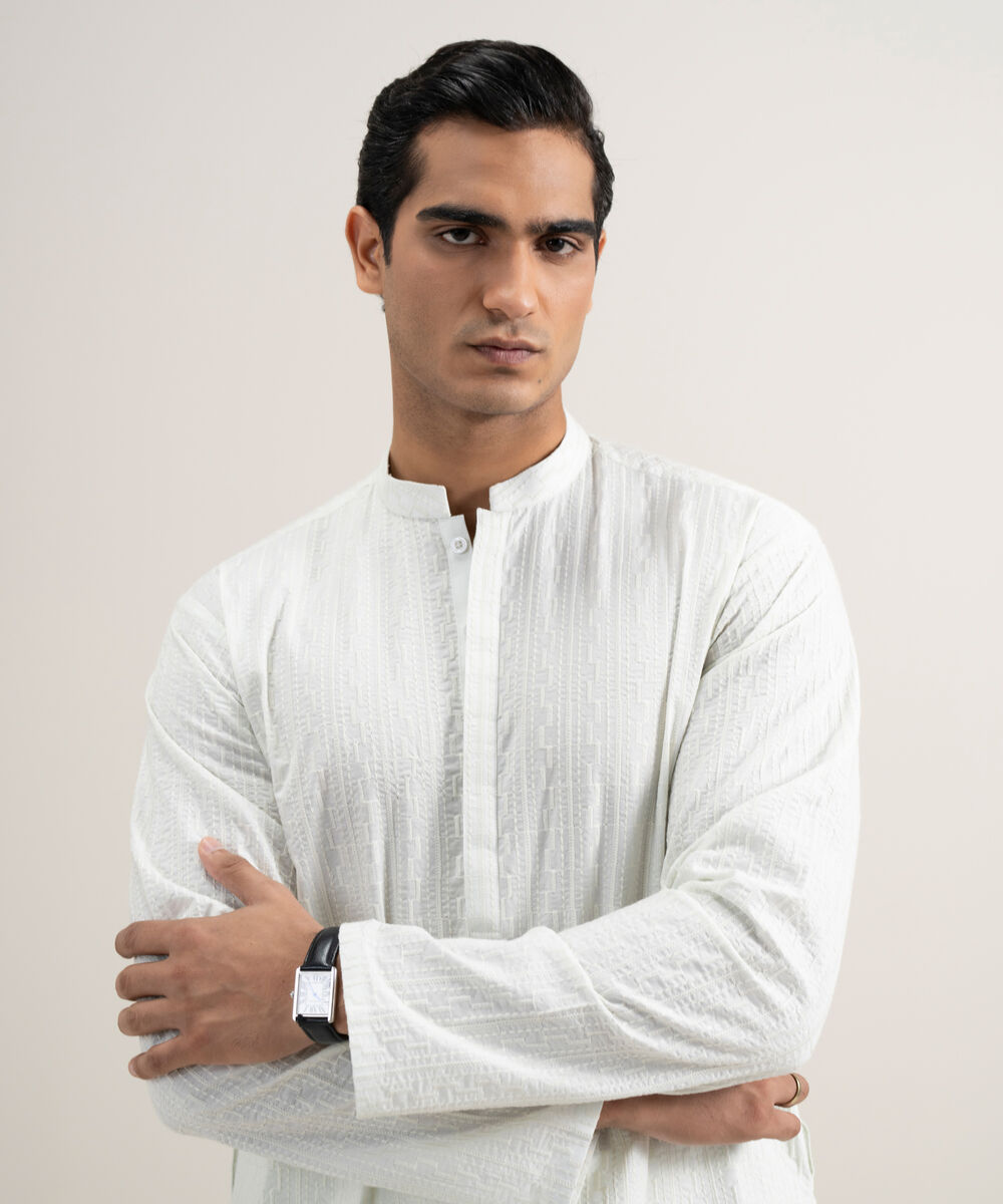 Men's Stitched Cotton White Suit
