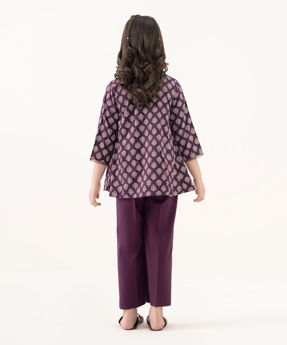 Girl's Cotton Viscose Printed Purple 2 Piece Suit
