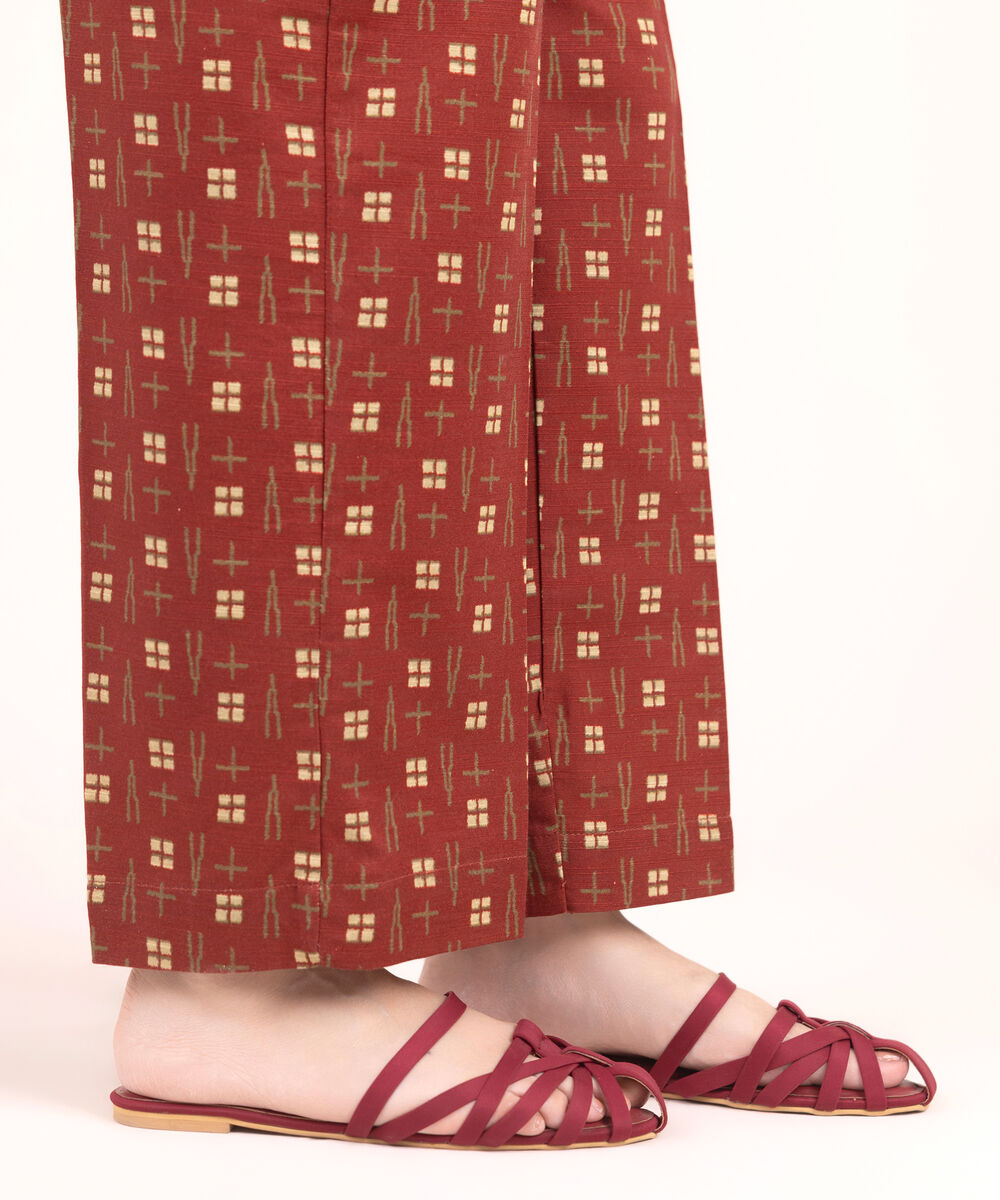 Women's RTW Khaddar Printed Maroon Straight Pants