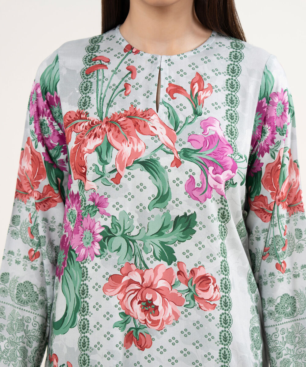 Women's RTW Arabic Lawn Grey Printed Straight Shirt