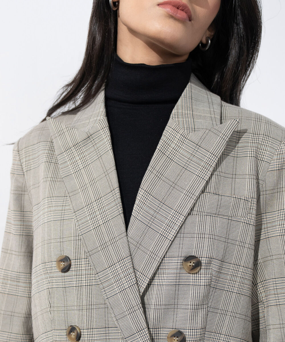 Women's Western Wear Grey Plaid Double Breasted Blazer