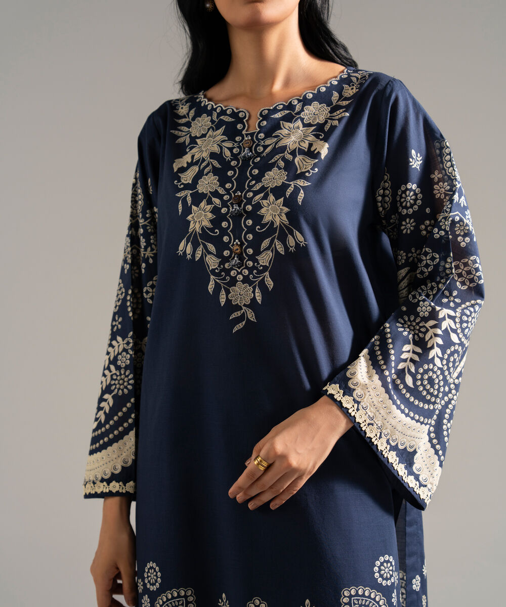 Women's RTW Slub Lawn Printed Blue 3 Piece Suit