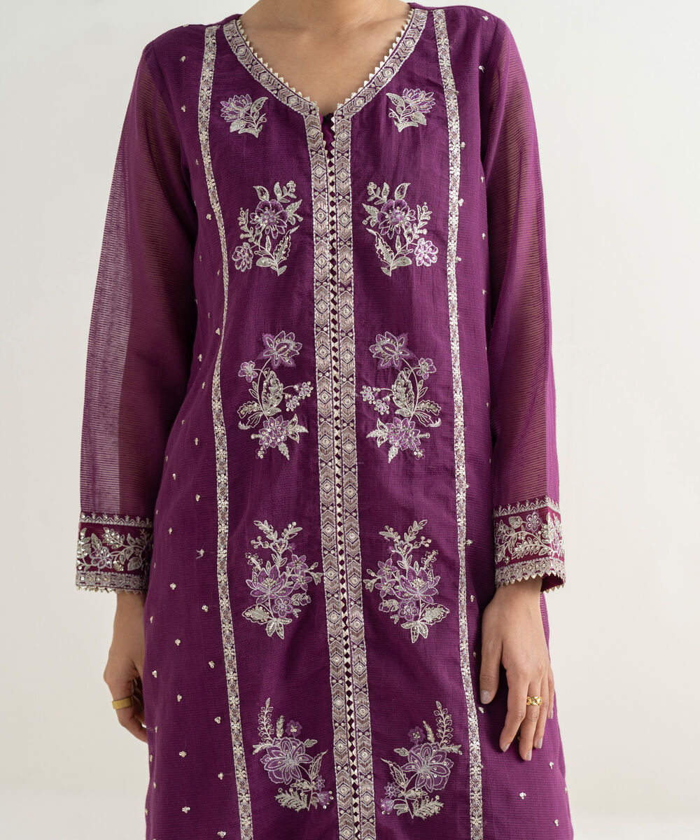 Women's RTW Blended Textured Karandi Embroidered A-Line Purple Shirt