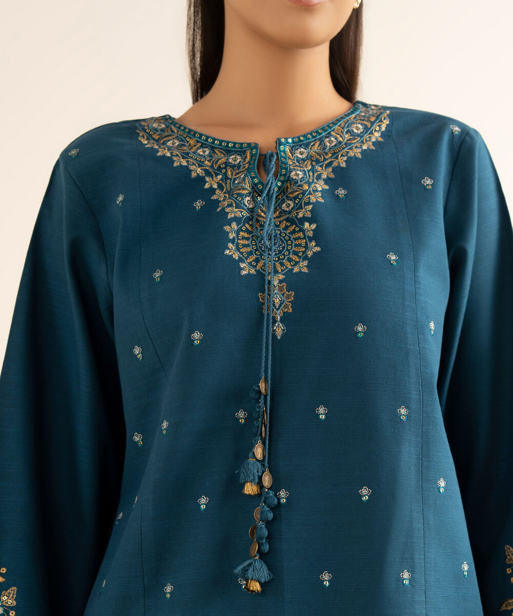 Women's Unstitched Textured Cotton Embroidered Blue 3 Piece Suit