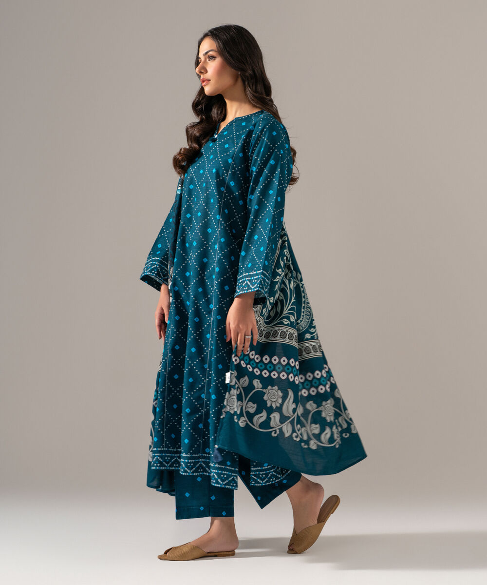 Women's RTW Khaddar Printed Teal 3 Piece Suit