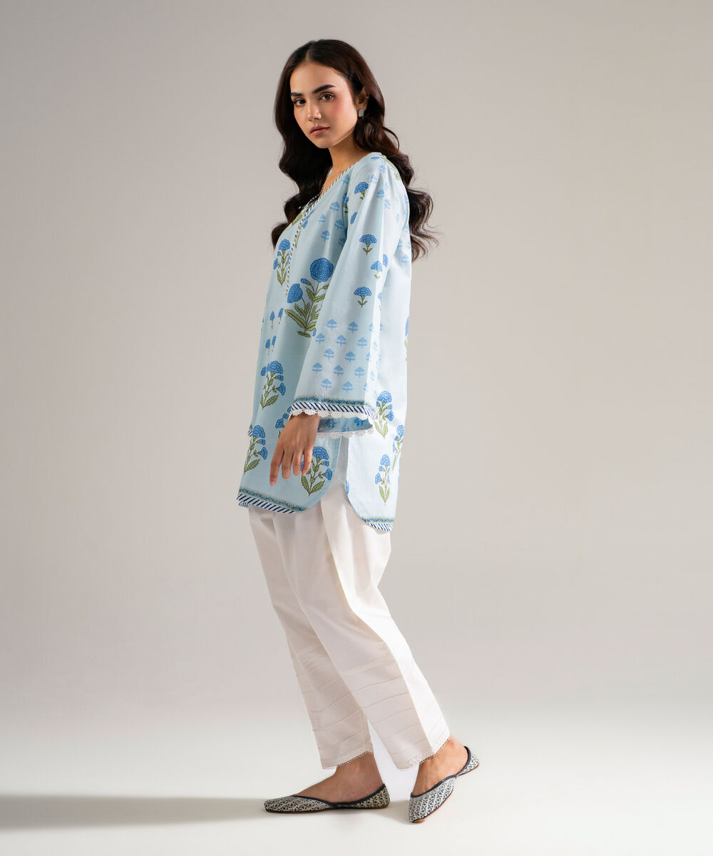 Women's RTW Slub Lawn Printed Ice Blue Straight Shirt