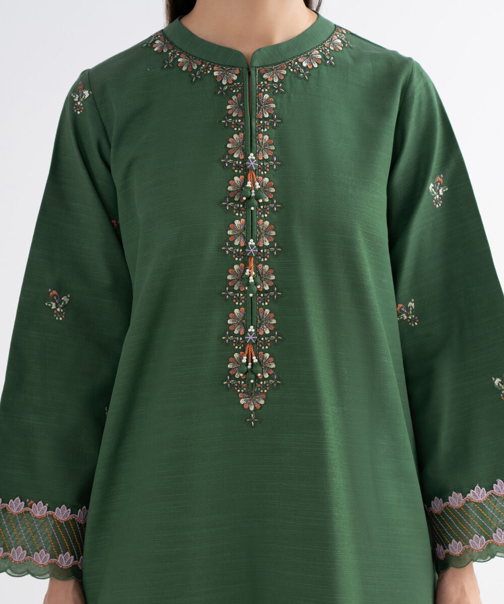 Women's Unstitched Cotton Embroidered Green 3 Piece Suit