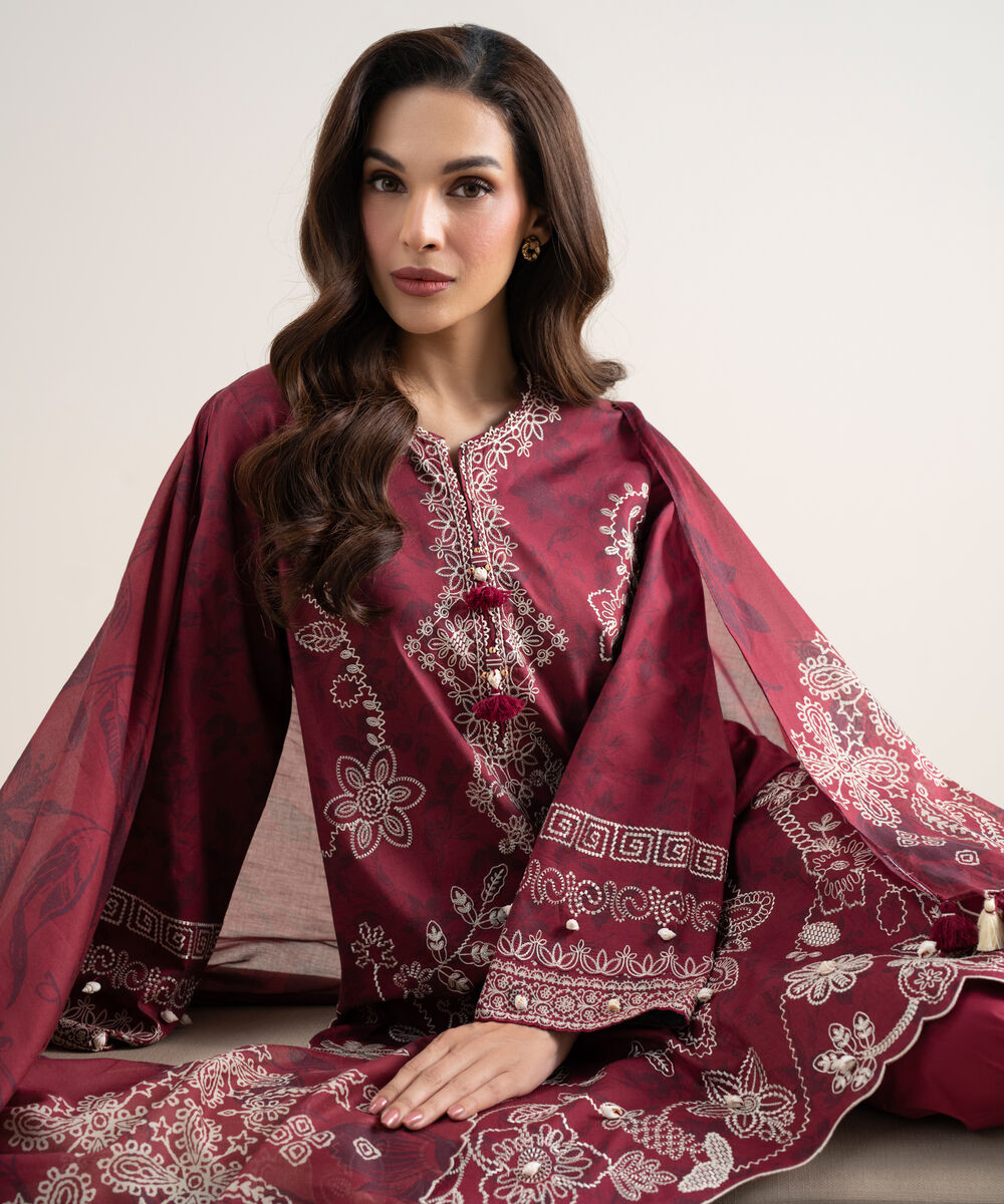 Women's Unstitched Lawn Embroidered Maroon 3 Piece Suit