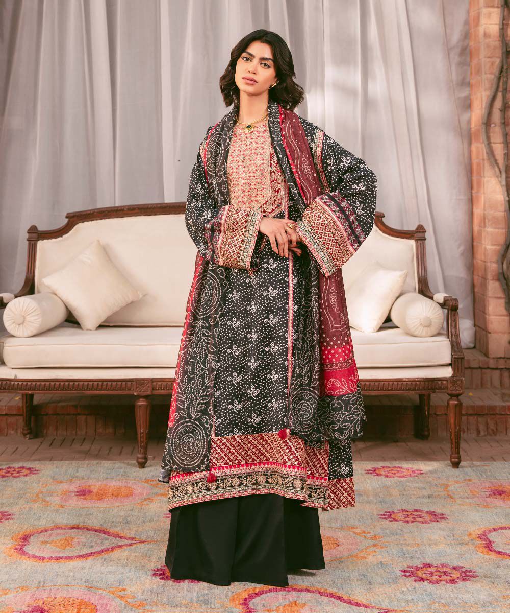 Women's RTW Viscose Raw Silk Black Embroidered Three Piece Suit