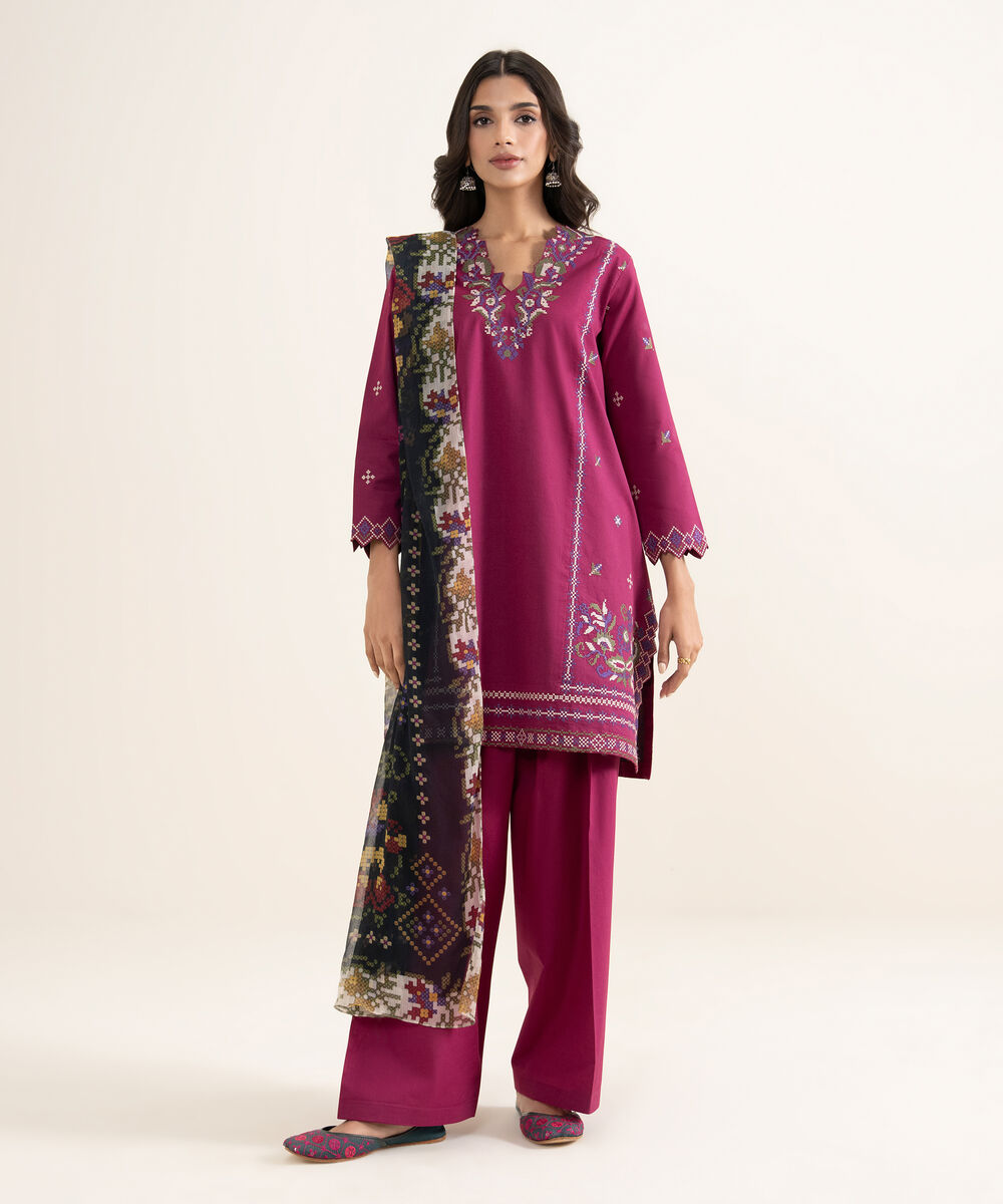 Women's Unstitched Textured Lawn Embroidered Pink 3 Piece Suit