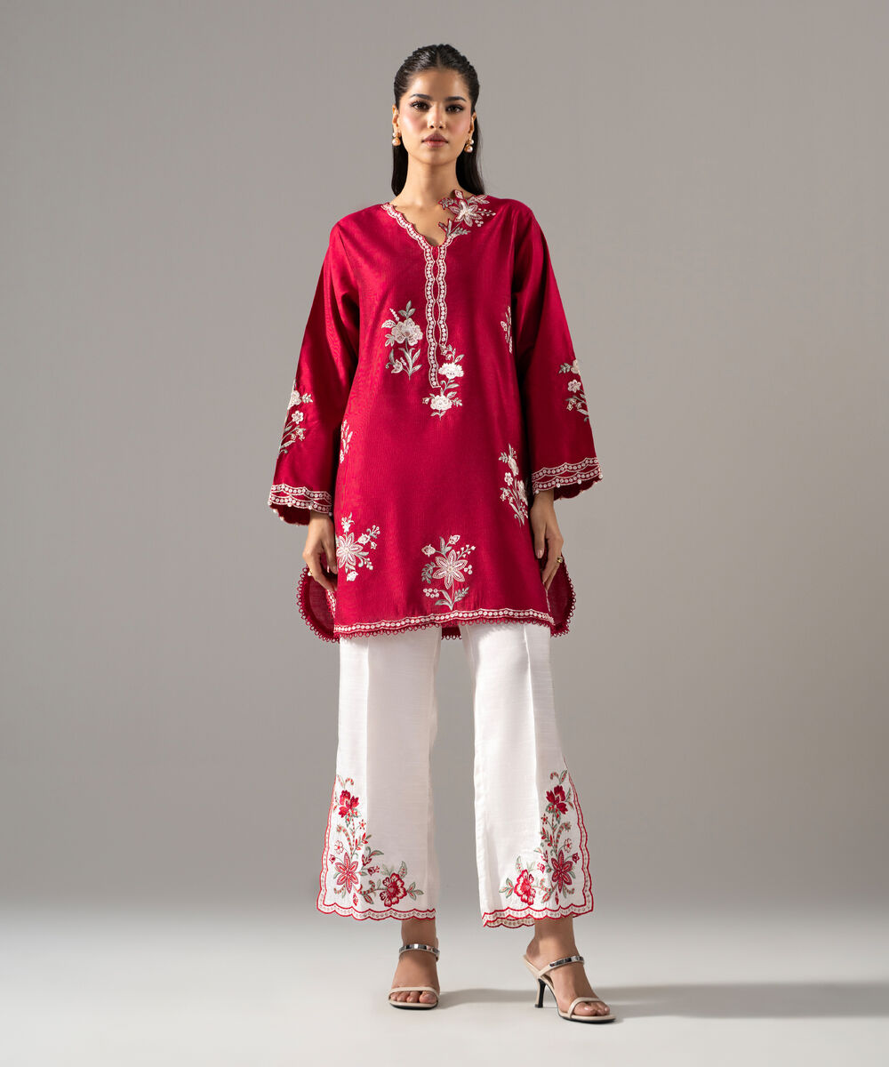 Women's RTW Cotton Net Solid Embroidered Red 2 Piece Suit
