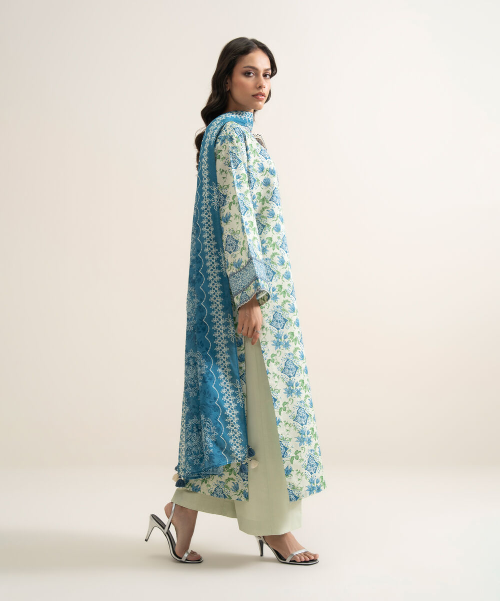 Women's Unstitched Lawn Embroidered Off White and Blue 3 Piece Suit