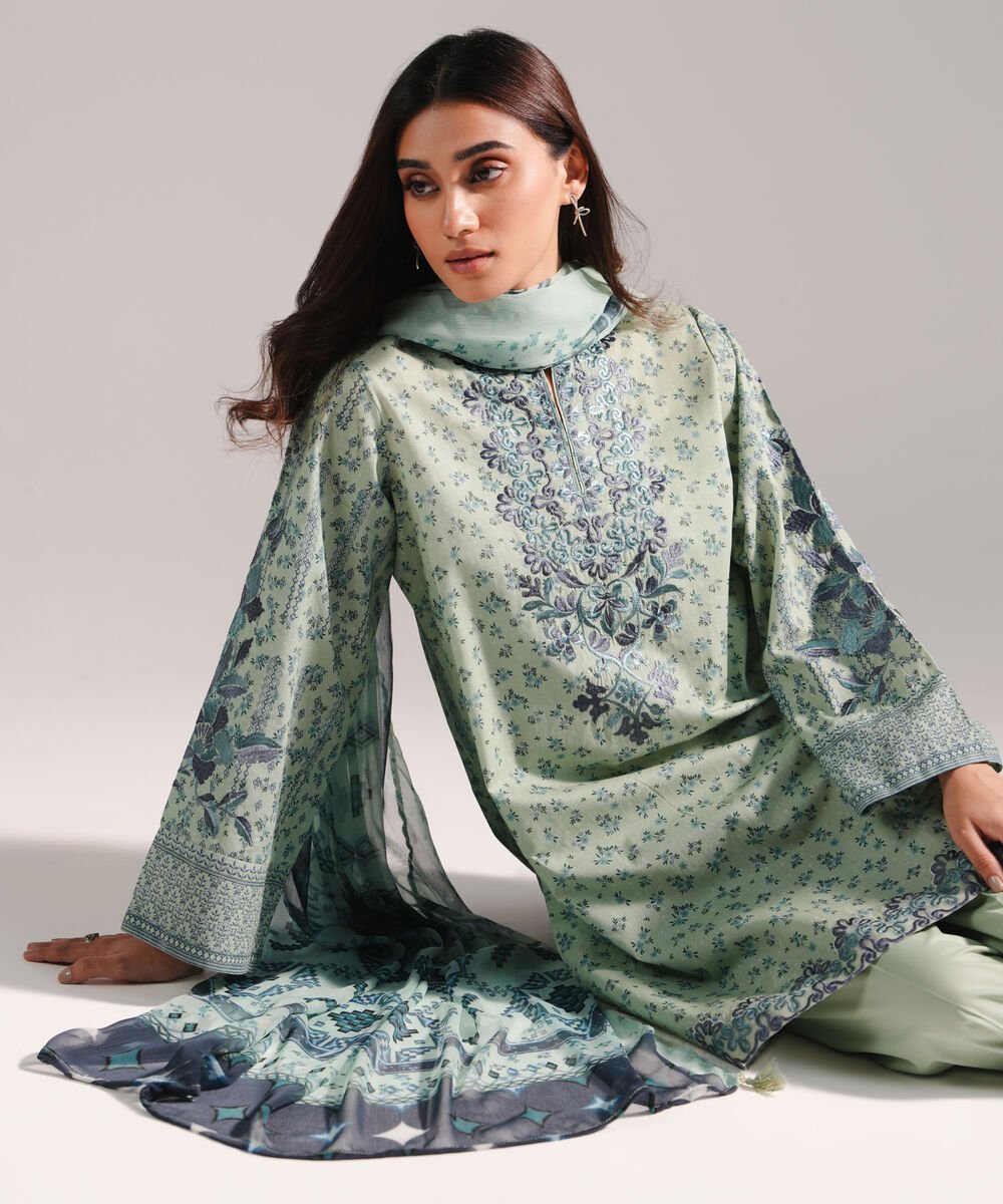 Women's RTW Lawn Printed Green 3 Piece Suit