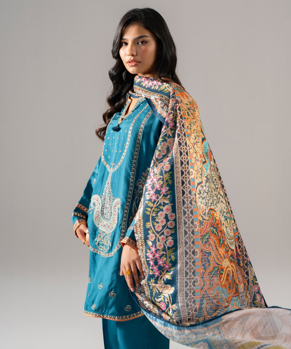 Women's RTW Bright Raw Silk Embroidered Blue 3 Piece Suit