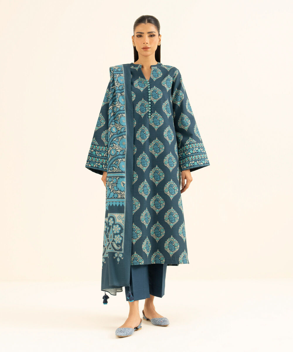 Women's Unstitched Khaddar Printed Blue 3 Piece Suit
